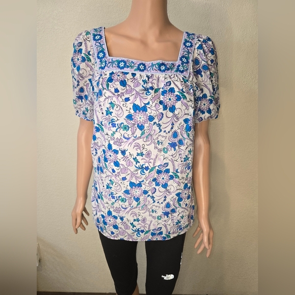 Talbots Square Neck Short Puff Sleeve Songbird Floral Print Shirt Size Small - Picture 6 of 10